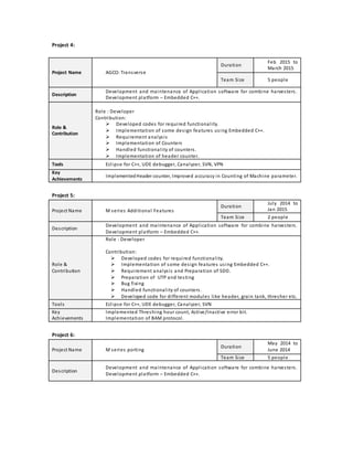 Project 4:
Project 5:
Project 6:
Project Name AGCO: Transverse
Duration
Feb 2015 to
March 2015
Team Size 5 people
Description
Development and maintenance of Application software for combine harvesters.
Development platform – Embedded C++.
Role &
Contribution
Role : Developer
Contribution:
 Developed codes for required functionality.
 Implementation of some design features using Embedded C++.
 Requirement analysis
 Implementation of Counters
 Handled functionality of counters.
 Implementation of header counter.
Tools Eclipse for C++, UDE debugger, Canalyzer, SVN, VPN
Key
Achievements
ImplementedHeader counter, Improved accuracy in Counting of Machine parameter.
Project Name M series Additional Features
Duration
July 2014 to
Jan 2015
Team Size 2 people
Description
Development and maintenance of Application software for combine harvesters.
Development platform – Embedded C++.
Role &
Contribution
Role : Developer
Contribution:
 Developed codes for required functionality.
 Implementation of some design features using Embedded C++.
 Requirement analysis and Preparation of SDD.
 Preparation of UTP and testing
 Bug fixing
 Handled functionality of counters.
 Developed code for different modules like header, grain tank, thresher etc.
Tools Eclipse for C++, UDE debugger, Canalyzer, SVN
Key
Achievements
Implemented Threshing hour count, Active/Inactive error bit.
Implementation of BAM protocol.
Project Name M series porting
Duration
May 2014 to
June 2014
Team Size 5 people
Description
Development and maintenance of Application software for combine harvesters.
Development platform – Embedded C++.
 