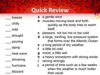 Quick Review
___ breeze
___ chilly
___ mild
___ drought
___ pouring
___ damp
___ heat wave
___ shivering
___ hurricane
___ blizzard
a a gentle wind
b muscles moving back and forth
quickly as the body tries to warm
itself
c pleasant, not too hot or too cold
d a large, swirling, low pressure system
that forms over the Atlantic Ocean
e a long period of dry weather
f a little bit cold
g moist; a little wet
h a heavy snowstorm with strong winds
i raining strongly
j a period of time such as a few weeks
when the weather is much hotter
than usual
 