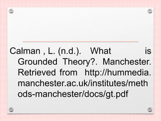 Calman , L. (n.d.). What is
Grounded Theory?. Manchester.
Retrieved from http://hummedia.
manchester.ac.uk/institutes/meth
ods-manchester/docs/gt.pdf
 