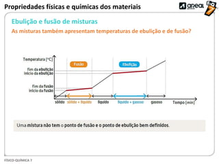 FÍSICO-QUÍMICA 7
Propriedades físicas e químicas dos materiais
Ebulição e fusão de misturas
As misturas também apresentam temperaturas de ebulição e de fusão?
 