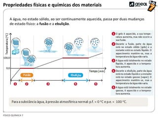 FÍSICO-QUÍMICA 7
Propriedades físicas e químicas dos materiais
A água, no estado sólido, ao ser continuamente aquecida, passa por duas mudanças
de estado físico: a fusão e a ebulição.
 