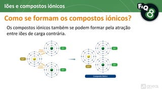 Como se formam os compostos iónicos?
Os compostos iónicos também se podem formar pela atração
entre iões de carga contrária.
Iões e compostos iónicos
 