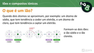 O que é um ião?
Quando dois átomos se aproximam, por exemplo: um átomo de
sódio, que tem tendência a ceder um eletrão, e um átomo de
cloro, que tem tendência a captar um eletrão.
Iões e compostos iónicos
Formam-se dois iões:
o ião sódio e o ião
cloreto.
 
