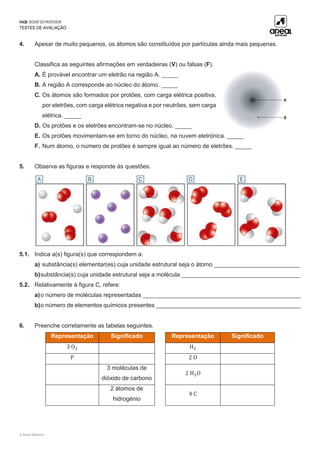 FAQ8 DOSSIÊ DO PROFESSOR
TESTES DE AVALIAÇÃO
© Areal Editores
4. Apesar de muito pequenos, os átomos são constituídos por partículas ainda mais pequenas.
Classifica as seguintes afirmações em verdadeiras (V) ou falsas (F).
A. É provável encontrar um eletrão na região A. _____
B. A região A corresponde ao núcleo do átomo. _____
C. Os átomos são formados por protões, com carga elétrica positiva,
por eletrões, com carga elétrica negativa e por neutrões, sem carga
elétrica. _____
D. Os protões e os eletrões encontram-se no núcleo. _____
E. Os protões movimentam-se em torno do núcleo, na nuvem eletrónica. _____
F. Num átomo, o número de protões é sempre igual ao número de eletrões. _____
5. Observa as figuras e responde às questões.
5.1. Indica a(s) figura(s) que correspondem a:
a) substância(s) elementar(es) cuja unidade estrutural seja o átomo __________________________
b)substância(s) cuja unidade estrutural seja a molécula ____________________________________
5.2. Relativamente à figura C, refere:
a)o número de moléculas representadas ________________________________________________
b)o número de elementos químicos presentes ____________________________________________
6. Preenche corretamente as tabelas seguintes.
Representação Significado Representação Significado
3 O2 H2
P 2 O
3 moléculas de
dióxido de carbono
2 H2O
2 átomos de
hidrogénio
4 C
 
