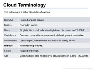 Cloud Terminology 
Pilots Handbook of Aeronautical Knowledge 
The following is a list of cloud classifications: 
Cumulus Heaped or piled clouds. 
Stratus Formed in layers. 
Cirrus Ringlets, fibrous clouds, also high level clouds above 20,000 ft. 
Castellanus Common base with separate vertical development, castle-like 
Lenticularus Lens shaped, formed over mountains in strong winds 
Nimbus Rain bearing clouds. 
Fracto Ragged or broken. 
Alto Meaning high, also middle level clouds between 6,500 – 20,000 ft. 
 