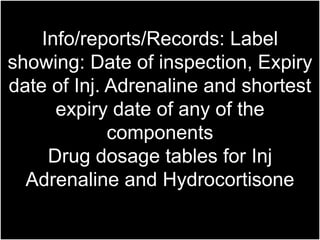Info/reports/Records: Label 
showing: Date of inspection, Expiry 
date of Inj. Adrenaline and shortest 
expiry date of any of the 
components 
Drug dosage tables for Inj 
Adrenaline and Hydrocortisone 
 