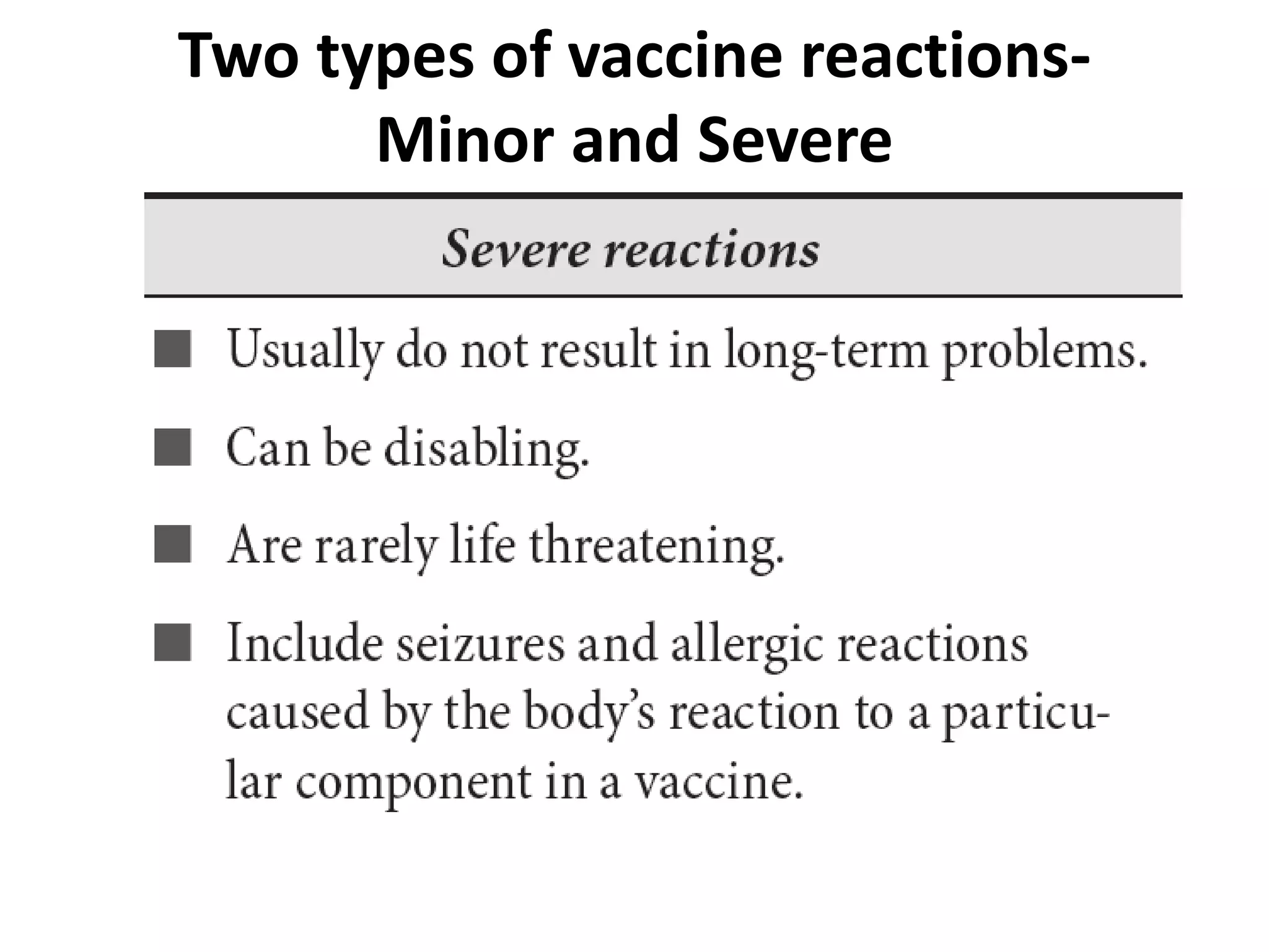 Two types of vaccine reactions-
Minor and Severe
 