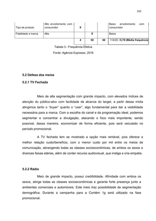 163
5.2 Defesa dos meios
5.2.1 TV Fechada
Meio de alta segmentação com grande impacto, com elevados índices de
atenção do público-alvo com facilidade de alcance do target, a partir dessa mídia
atingimos tanto o “buyer” quanto o “user”, algo fundamental para dar a visibilidade
necessária para a marca. Com a escolha do canal e da programação ideal, podemos
segmentar e concentrar a divulgação, atacando o foco mais importante, sendo
possível, dessa maneira, economizar de forma eficiente, pois será veiculado no
período promocional.
A TV fechada tem se mostrado a opção mais rentável, pois oferece a
melhor relação custo/benefício, com o menor custo por mil entre os meios de
comunicação, abrangendo todas as classes socioeconômicas, de ambos os sexos e
diversas faixas etárias, além de conter recurso audiovisual, que instiga e cria empatia.
5.2.2 Rádio
Meio de grande impacto, possui credibilidade. Afinidade com ambos os
sexos, atinge todas as classes socioeconômicas e garante forte presença junto a
ambientes comerciais e automóveis. Este meio traz possibilidade de segmentação
demográfica. Durante a campanha para a Contém 1g será utilizado na fase
promocional.
Tipo de produto
Alto envolvimento com o
consumidor X
Baixo envolvimento com o
consumidor
Fidelidade a marca Alta X Baixa
4 50 60 114/20 =5,70 (Média frequência)
Tabela 3 - Frequência Efetiva
Fonte: Agência Expresso, 2016
 