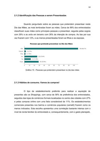 64
2.1.2 Identificação das Pessoas a serem Presenteadas
Quando perguntado sobre as pessoas que pretendem presentear neste
Dia das Mães, as mais lembradas foram as mães. Cerca de 99% dos entrevistados
classificam suas mães como principais pessoas a presentear, seguida pelas sogras
com 29% e as avós em terceiro com 26% da intenção de compra. As tias por sua
vez ficaram com 12%, e as menos presenteadas foram as filhas e as esposas.
Gráfico 15 - Pessoas que pretendem presentear no dia das mães
2.1.3 Hábitos de consumo. Vamos às compras!
O tipo de estabelecimento preferido para realizar a aquisição de
presentes são os Shoppings, com cerca de 56% de preferência dos entrevistados,
seguidos das lojas de comércios formais localizadas no centro das cidades com 27%
e pelas compras online com uma fatia considerável de 11%. Os estabelecimentos
comerciais presentes nos bairros e comércios populares (camelô) ficaram como os
menos indicados. Esta escolha apresentou uma correlação bastante intensa com o
nível de renda familiar do entrevistado e, consequentemente, com o gasto planejado.
 