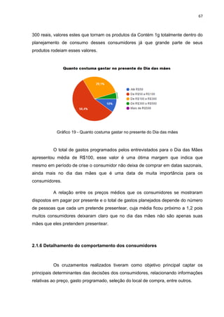 67
300 reais, valores estes que tornam os produtos da Contém 1g totalmente dentro do
planejamento de consumo desses consumidores já que grande parte de seus
produtos rodeiam esses valores.
Gráfico 19 - Quanto costuma gastar no presente do Dia das mães
O total de gastos programados pelos entrevistados para o Dia das Mães
apresentou média de R$100, esse valor é uma ótima margem que indica que
mesmo em período de crise o consumidor não deixa de comprar em datas sazonais,
ainda mais no dia das mães que é uma data de muita importância para os
consumidores.
A relação entre os preços médios que os consumidores se mostraram
dispostos em pagar por presente e o total de gastos planejados depende do número
de pessoas que cada um pretende presentear, cuja média ficou próximo a 1,2 pois
muitos consumidores deixaram claro que no dia das mães não são apenas suas
mães que eles pretendem presentear.
2.1.6 Detalhamento do comportamento dos consumidores
Os cruzamentos realizados tiveram como objetivo principal captar os
principais determinantes das decisões dos consumidores, relacionando informações
relativas ao preço, gasto programado, seleção do local de compra, entre outros.
 
