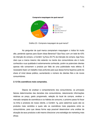 71
Gráfico 23 - Compraria maquiagem de qual marca?
Ao perguntar de qual marca comprariam maquiagem o índice foi muito
alto, perdendo apenas para Quem disse Berenice? Que ficou com um total de 43%
da intenção de compra, a Contém 1g ficou 25,7% da intenção de compra, logo ficou
claro que a marca mesmo não estando na mente dos consumidores ela é muito
conhecida e sua qualidade é extremamente conhecida, porém os potenciais clientes
apenas não consomem o produto por falta de uma publicidade mais efetiva. É
necessário fazer um trabalho mais profundo para que dessa forma façamos parte do
share of mind desse público, aumentando o número de clientes fiéis e de novos
consumidores.
2.1.8 Os cosméticos mais comprados.
Depois de analisar o comportamento dos consumidores, os principais
fatores determinantes das decisões dos consumidores, relacionando informações
relativas ao preço, gasto programado, seleção do local de compra, analisar o
mercado varejista de cosméticos e os hábitos de consumo, o próximo passo foi focar
na linha e produtos de nosso cliente, a Contém 1g, para sabermos quais são os
produtos mais vendidos e quais são os cosméticos mais populares entre os
consumidores, para que dessa forma seja possível desenvolver uma análise da
situação de seus produtos e até mesmo direcionar uma estratégia de marketing mais
eficaz.
 