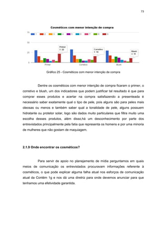 73
Gráfico 25 - Cosméticos com menor intenção de compra
Dentre os cosméticos com menor intenção de compra ficaram o primer, o
corretivo e blush, um dos indicadores que podem justificar tal resultado é que para
comprar esses produtos e acertar na compra satisfazendo a presenteada é
necessário saber exatamente qual o tipo de pele, pois alguns são para peles mais
oleosas ou menos e também saber qual a tonalidade de pele, alguns possuem
hidratante ou protetor solar, logo são dados muito particulares que filtra muito uma
escolha desses produtos, além disso,há um desconhecimento por parte dos
entrevistados principalmente pela fatia que representa os homens e por uma minoria
de mulheres que não gostam de maquiagem.
2.1.9 Onde encontrar os cosméticos?
Para servir de apoio no planejamento de mídia perguntamos em quais
meios de comunicação os entrevistados procuravam informações referente à
cosméticos, o que pode explicar alguma falha atual nos esforços de comunicação
atual da Contém 1g e nos dá uma diretriz para onde devemos anunciar para que
tenhamos uma efetividade garantida.
 