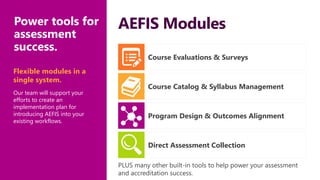 Power tools for
assessment
success.
Course Evaluations & Surveys
Course Catalog & Syllabus Management
Program Design & Outcomes Alignment
Direct Assessment Collection
AEFIS Modules
Flexible modules in a
single system.
Our team will support your
efforts to create an
implementation plan for
introducing AEFIS into your
existing workflows.
PLUS many other built-in tools to help power your assessment
and accreditation success.
 
