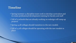Timeline
• Spring/summer 13 discipline team work to develop curriculum and
to create professional development training for faculty and staff
• Fall of 13 schools that are already working on redesign will ramp up
projects
• Spring 14 all colleges should transition to the new models
• Fall of 14 all colleges should be operating with the new models in
place
 