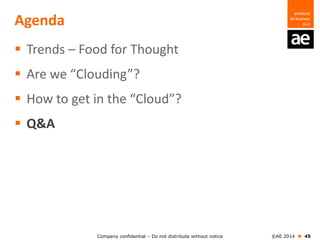 Company confidential – Do not distribute without notice ©AE 2014  45
Agenda
 Trends – Food for Thought
 Are we “Clouding”?
 How to get in the “Cloud”?
 Q&A
 