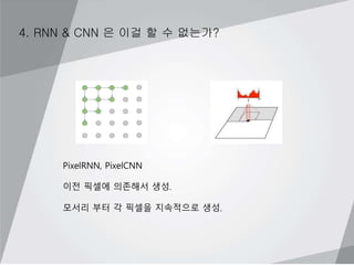 4. RNN & CNN 은 이걸 할 수 없는가?
PixelRNN, PixelCNN
이전 픽셀에 의존해서 생성.
모서리 부터 각 픽셀을 지속적으로 생성.
 