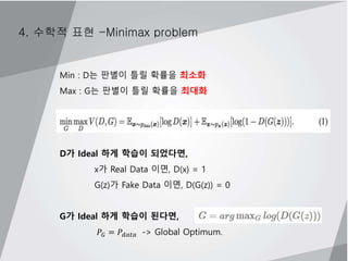 4. 수학적 표현 -Minimax problem
Min : D는 판별이 틀릴 확률을 최소화
Max : G는 판별이 틀릴 확률을 최대화
D가 Ideal 하게 학습이 되었다면,
x가 Real Data 이면, D(x) = 1
G(z)가 Fake Data 이면, D(G(z)) = 0
G가 Ideal 하게 학습이 된다면,
𝑃𝐺 = 𝑃𝑑𝑎𝑡𝑎 -> Global Optimum.
 