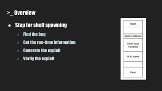 >_ Overview
● Step for shell spawning
○ Find the bug
○ Get the run-time information
○ Generate the exploit
○ Verify the exploit
 
