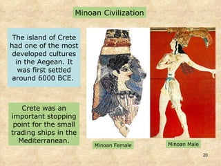Minoan Civilization The island of Crete had one of the most developed cultures in the Aegean. It was first settled around 6000 BCE.  Crete was an important stopping point for the small trading ships in the Mediterranean. Minoan Male Minoan Female 