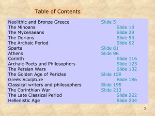 Table of Contents Neolithic and Bronze Greece Slide 5 The Minoans Slide 18 The Mycenaeans Slide 28 The Dorians Slide 54 The Archaic Period Slide 62 Sparta Slide 81 Athens Slide 96 Corinth Slide 116 Archaic Poets and Philosophers Slide 123 The Persian Wars Slide 132 The Golden Age of Pericles Slide 159 Greek Sculpture Slide 186 Classical writers and philosophers Slide 195 The Corinthian War Slide 213 The Late Classical Period Slide 222 Hellenistic Age Slide 234 