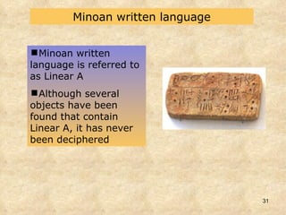 Minoan written language Minoan written language is referred to as Linear A Although several objects have been found that contain Linear A, it has never been deciphered 