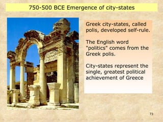 750-500 BCE Emergence of city-states Greek city-states, called polis, developed self-rule. The English word "politics" comes from the Greek polis.  City-states represent the single, greatest political achievement of Greece 