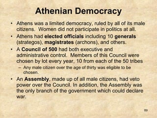 Athenian Democracy Athens was a limited democracy, ruled by all of its male citizens.  Women did not participate in politics at all. Athens had  elected officials  including 10  generals  (strategos),  magistrates  (archons), and others. A  Council of 500  had both executive and administrative control.  Members of this Council were chosen by lot every year, 10 from each of the 50 tribes Any male citizen over the age of thirty was eligible to be chosen.  An  Assembly , made up of all male citizens, had veto power over the Council. In addition, the Assembly was the only branch of the government which could declare war.  