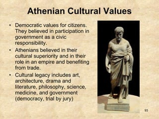 Athenian Cultural Values Democratic values for citizens. They believed in participation in government as a civic responsibility. Athenians believed in their cultural superiority and in their role in an empire and benefiting from trade.  Cultural legacy includes art, architecture, drama and literature, philosophy, science, medicine, and government (democracy, trial by jury)  