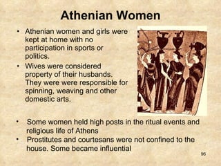 Athenian Women Athenian women and girls were kept at home with no participation in sports or politics.  Wives were considered property of their husbands. They were were responsible for spinning, weaving and other domestic arts. Some women held high posts in the ritual events and religious life of Athens Prostitutes and courtesans were not confined to the house. Some became influential 