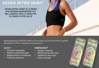 AEGEA NITRO QUBIT
Basta posizionare il NITRO QuBIT sul tuo corpo o sui tuoi indumenti e godere
dei benefici di N-O + energia di messa a terra. *
AIUTA*
• Presione sanguigna
• Sistema cardiovascolare
• Miglioramento circolazione
• Funzione arteriosa
• Disagio corporeo
• Affaticamento del corpo
• Debolezza del corpo
• Fatica mentale
 