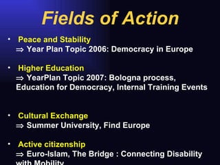 Peace and Stability    Year Plan Topic 2006: Democracy in Europe Higher Education    YearPlan Topic 2007: Bologna process, Education for Democracy, Internal Training Events Cultural Exchange    Summer University, Find Europe Active citizenship    Euro-Islam, The Bridge : Connecting Disability with Mobility Fields of Action 