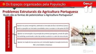 Problemas Estruturais da Agricultura Portuguesa
Quais são as formas de potencializar a Agricultura Portuguesa?
Os Espaços organizados pela População
No
domínio
da
comercialização
Apostar nos países emergentes, sobretudo os mercados da Ásia e da América Latina e
manter as posições nos mercados consolidados como o europeu e o dos países da CPLP.
Apostar na comunicação e na promoção dos produtos portugueses, através de ações
de marketing, aumentando o valor das vendas no exterior e o valor da marca do país.
Apostar na criação de mais parcerias com instituições ligadas à inovação (centros de
I&D, universidades e empresas). Centros de investigação.
 