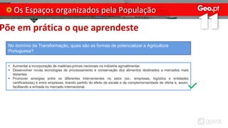 Põe em prática o que aprendeste
Os Espaços organizados pela População
No domínio da Transformação, quais são as formas de potencializar a Agricultura
Portuguesa?
• Aumentar a incorporação de matérias-primas nacionais na indústria agroalimentar.
• Desenvolver novas tecnologias de processamento e conservação dos alimentos destinados a mercados mais
distantes.
• Promover sinergias entre os diferentes intervenientes no setor (ex.: empresas, logística e entidades
certificadoras) e entre empresas, tirando partido do efeito de escala e da complementaridade de oferta e, assim,
facilitando a entrada no mercado internacional.
 