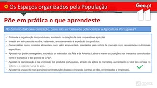 Põe em prática o que aprendeste
Os Espaços organizados pela População
No domínio da Comercialização, quais são as formas de potencializar a Agricultura Portuguesa?
• Estimular a organização dos produtores, apostando na criação de mais cooperativas agrícolas.
• Investir em estruturas de recolha, tratamento, armazenamento e expedição dos produtos.
• Comercializar novos produtos alimentares com valor acrescentado, orientados para nichos de mercado com necessidades nutricionais
específicas.
• Apostar nos países emergentes, sobretudo os mercados da Ásia e da América Latina e manter as posições nos mercados consolidados
como o europeu e o dos países da CPLP.
• Apostar na comunicação e na promoção dos produtos portugueses, através de ações de marketing, aumentando o valor das vendas no
exterior e o valor da marca do país.
• Apostar na criação de mais parcerias com instituições ligadas à inovação (centros de I&D, universidades e empresas).
 
