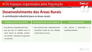 Desenvolvimento das Áreas Rurais
A contribuição industrial para as áreas rurais:
Os Espaços organizados pela População
Diminuição da poluição
• para valorizar a preservação e a
qualidade ambiental.
Aproveitamento dos recursos endógenos
• para contribuir para o desenvolvimento
sustentável, através de uma utilização
racional desses recursos.
Utilização de mão de obra intensiva
• para absorver a população ativa local;
• para que haja um equilíbrio entre os
vários setores de atividade, evitando,
por exemplo, o abandono da agricultura
e da pecuária.
 