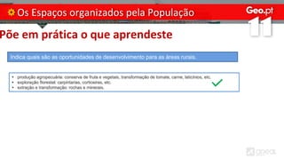 Põe em prática o que aprendeste
Os Espaços organizados pela População
Indica quais são as oportunidades de desenvolvimento para as áreas rurais.
• produção agropecuária: conserva de fruta e vegetais, transformação de tomate, carne, laticínios, etc.
• exploração florestal: carpintarias, corticeiras, etc.
• extração e transformação: rochas e minerais.
 
