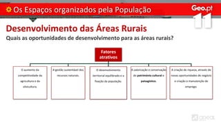 Desenvolvimento das Áreas Rurais
Quais as oportunidades de desenvolvimento para as áreas rurais?
Os Espaços organizados pela População
Fatores
atrativos
O aumento da
competitividade da
agricultura e da
silvicultura.
A gestão sustentável dos
recursos naturais.
O desenvolvimento
territorial equilibrado e a
fixação da população.
A valorização e conservação
do património cultural e
paisagístico.
A criação de riqueza, através de
novas oportunidades de negócio
e criação e manutenção de
emprego.
 