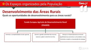 Desenvolvimento das Áreas Rurais
Quais as oportunidades de desenvolvimento para as áreas rurais?
Os Espaços organizados pela População
Fundo Europeu Agrícola de Desenvolvimento Rural
(FEADER)
Fomentar a competitividade do setor agrícola. Garantir a gestão sustentável dos recursos
naturais e ações no domínio do clima.
Alcançar um desenvolvimento territorial
equilibrado das economias e comunidades rurais,
incluindo a criação e a manutenção do emprego.
 
