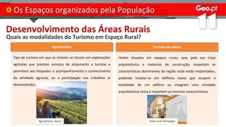 Desenvolvimento das Áreas Rurais
Quais as modalidades do Turismo em Espaço Rural?
Os Espaços organizados pela População
Agroturismo
Tipo de turismo em que os imóveis se situam em explorações
agrícolas que prestam serviços de alojamento a turistas e
permitem aos hóspedes o acompanhamento e conhecimento
da atividade agrícola, ou a participação nos trabalhos aí
desenvolvidos.
Turismo de aldeia
Hotéis situados em espaços rurais, que, pela sua traça
arquitetónica e materiais de construção, respeitam as
características dominantes da região onde estão implantados,
podendo instalar-se em edifícios novos que ocupem a
totalidade de um edifício ou integrem uma entidade
arquitetónica única e respeitem as mesmas características.
Agroturismo, Douro Hotel rural, Portalegre
 
