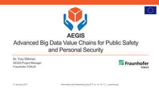 AEGIS
Advanced Big Data Value Chains for Public Safety
and Personal Security
Dr. Yury Glikman
AEGIS Project Manager
Fraunhofer FOKUS
17 January 2017 Information and Networking Day ICT 14, 15, 16, 17 - Luxembourg
 