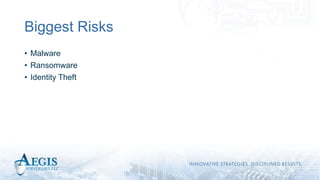 Biggest Risks
• Malware
• Ransomware
• Identity Theft
 