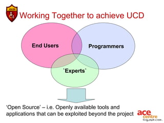 Working Together to achieve UCD


          End Users                Programmers



                       `Experts`




‘Open Source’ – i.e. Openly available tools and
applications that can be exploited beyond the project
 