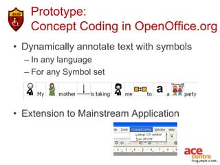 Prototype:
   Concept Coding in OpenOffice.org
• Dynamically annotate text with symbols
  – In any language
  – For any Symbol set



• Extension to Mainstream Application
 