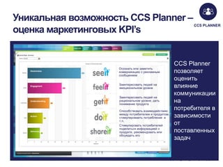 Уникальная возможность CCS Planner –
оценка маркетинговых KPI’s

Awareness

Осознать или заметить
коммуникацию с рекламным
сообщением

Engagment

Заинтересовать людей на
эмоциональном уровне

Understanding

Заинтересовать людей на
рациональном уровне, дать
понимание продукта

Action

Advocacy

Способствовать взаимодействию
между потребителем и продуктом,
стимулироваать потребление и
т.п.
Стимулировать потребителей
поделиться информацией о
продукте, рекомендовать или
обсуждать его

CCS PLANNER

CCS Planner
позволяет
оценить
влияние
коммуникации
на
потребителя в
зависимости
от
поставленных
задач

 