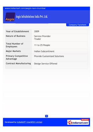 - Company Factsheet -


Year of Establishment    2009

Nature of Business       Service Provider
                         Trader

Total Number of
                         11 to 25 People
Employees

Major Markets            Indian Subcontinent

Primary Competitive      Provide Customized Solutions
Advantage

Contract Manufacturing   Design Service Offered
 