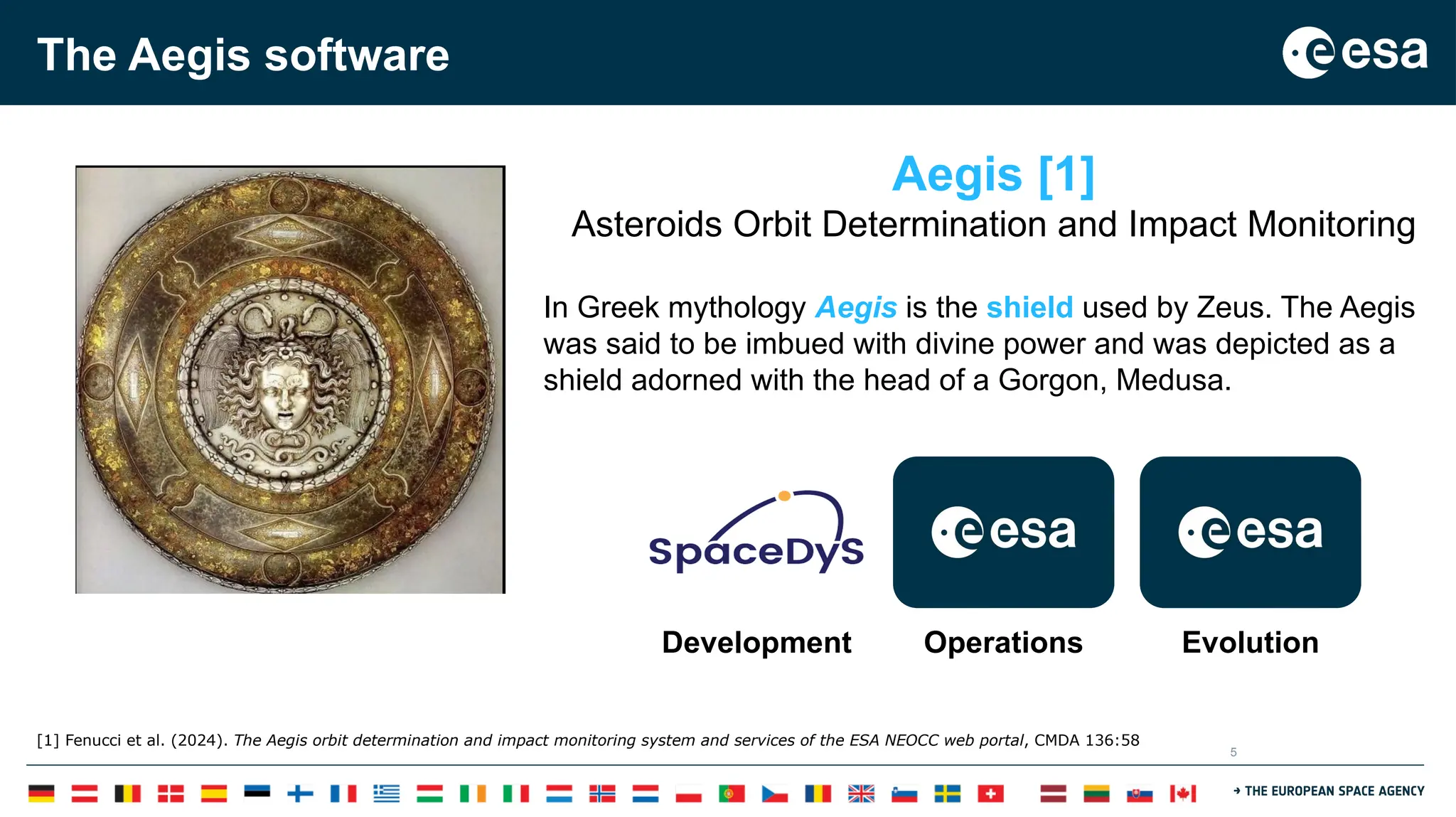 5
The Aegis software
Aegis [1]
Asteroids Orbit Determination and Impact Monitoring
In Greek mythology Aegis is the shield used by Zeus. The Aegis
was said to be imbued with divine power and was depicted as a
shield adorned with the head of a Gorgon, Medusa.
[1] Fenucci et al. (2024). The Aegis orbit determination and impact monitoring system and services of the ESA NEOCC web portal, CMDA 136:58
Development Operations Evolution
 