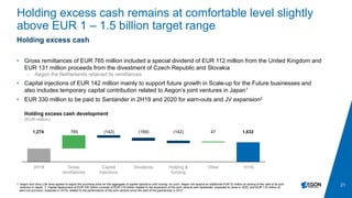 21
Holding excess cash remains at comfortable level slightly
above EUR 1 – 1.5 billion target range
Holding excess cash
• Gross remittances of EUR 765 million included a special dividend of EUR 112 million from the United Kingdom and
EUR 131 million proceeds from the divestment of Czech Republic and Slovakia
- Aegon the Netherlands retained its remittances
• Capital injections of EUR 142 million mainly to support future growth in Scale-up for the Future businesses and
also includes temporary capital contribution related to Aegon’s joint ventures in Japan1
• EUR 330 million to be paid to Santander in 2H19 and 2020 for earn-outs and JV expansion2
Holding excess cash development
(EUR million)
2H18 Gross
remittances
Capital
injections
Dividends Holding &
funding
Other 1H19
1,274 765 (142) (169) (142) 47 1,632
1. Aegon and Sony Life have agreed to adjust the purchase price for the aggregate of capital injections until closing. As such, Aegon will receive an additional EUR 22 million at closing of the sale of its joint
ventures in Japan. 2. Capital deployment of EUR 330 million consists of EUR 215 million related to the expansion of the joint venture with Santander, expected to close in 2020, and EUR 115 million of
earn-out provision, expected in 2H19, related to the performance of the joint venture since the start of the partnership in 2012
 