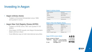 36
Investing in Aegon
• Aegon ordinary shares
- Traded on Euronext Amsterdam since 1969
and quoted in euros
• Aegon New York Registry Shares (NYRS)
- Traded on NYSE since 1991 and quoted in US
dollars
- One Aegon NYRS equals one Aegon Amsterdam-
listed common share
- Cost effective way to hold international securities
Aegon’s ordinary shares
Aegon’s New York Registry Shares
Ticker symbol AGN NA
ISIN NL0000303709
SEDOL 5927375NL
Trading Platform Euronext Amsterdam
Country Netherlands
Aegon NYRS contact details
Broker contacts at Citibank:
Telephone: New York: +1 212 723 5435
London: +44 207 500 2030
E-mail: citiadr@citi.com
Ticker symbol AEG US
NYRS ISIN US0079241032
NYRS SEDOL 2008411US
Trading Platform NYSE
Country USA
NYRS Transfer Agent Citibank, N.A.
 