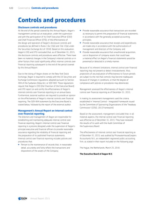 Controls and procedures
Disclosure controls and procedures
At the end of the period covered by this Annual Report, Aegon’s
management carried out an evaluation, under the supervision
and with the participation of its Chief Executive Officer (CEO)
and Chief Financial Officer (CFO), of the effectiveness of
the design and operation of Aegon’s disclosure controls and
procedures (as defined in Rules 13a-15(e) and 15d-15(e) under
the Securities Exchange Act of 1934). Based on this evaluation,
Aegon’s CEO and CFO concluded that, as of December 31, 2015,
the disclosure controls and procedures were effective. There have
been no material changes in the Company’s internal controls or in
other factors that could significantly affect internal controls over
financial reporting subsequent to the end of the period covered
by this Annual Report.
Due to the listing of Aegon shares on the New York Stock
Exchange, Aegon is required to comply with the US Securities and
Exchange Commission regulations adopted pursuant to Section
404 of the Sarbanes-Oxley Act, or SOX 404. These regulations
require that Aegon’s CEO (the Chairman of the Executive Board)
and CFO report on and certify the effectiveness of Aegon’s
internal controls over financial reporting on an annual basis.
Furthermore, external auditors are required to provide an opinion
on the effectiveness of Aegon’s internal controls over financial
reporting. The SOX 404 statement by the Executive Board is
stated below, followed by the report of the external auditor.
Management's Annual Report on internal control
over financial reporting
The directors and management of Aegon are responsible for
establishing and maintaining adequate internal control over
financial reporting. Aegon’s internal control over financial
reporting is a process designed under the supervision of Aegon’s
principal executive and financial officers to provide reasonable
assurance regarding the reliability of financial reporting and
the preparation of its published financial statements.
Internal control over financial reporting includes policies and
procedures that:
 Pertain to the maintenance of records that, in reasonable
detail, accurately and fairly reflect the transactions and
dispositions of the assets of the Company;
 Provide reasonable assurance that transactions are recorded
as necessary to permit the preparation of financial statements
in accordance with the generally accepted accounting
principles;
 Provide reasonable assurance that receipts and expenditures
are made only in accordance with the authorizations of
management and directors of the Company; and
 Provide reasonable assurance that unauthorized acquisition,
use or disposition of company assets that could have
a material effect on Aegon’s financial statements would be
prevented or detected in a timely manner.
Because of its inherent limitations, internal control over financial
reporting may not prevent or detect misstatements. Also,
projections of any evaluation of effectiveness to future periods
are subject to the risk that controls may become inadequate
because of changes in conditions, or that the degree of
compliance with policies or procedures may deteriorate.
Management assessed the effectiveness of Aegon’s internal
control over financial reporting as of December 31, 2015.
In making its assessment management used the criteria
established in 'Internal Control - Integrated Framework issued
by the Committee of Sponsoring Organizations of the Treadway
Commission' (COSO, 2013 framework).
Based on the assessment, management concluded that, in all
material aspects, the internal control over financial reporting
was effective as of December 31, 2015. They have reviewed
the results of its work with the Audit Committee of
the Supervisory Board.
The effectiveness of internal control over financial reporting as
of December 31, 2015, was audited by PricewaterhouseCoopers
Accountants N.V., an independent registered public accounting
firm, as stated in their report included on the following page.
The Hague, the Netherlands, March 25, 2016
The Executive Board of Aegon N.V.
Governance  Controls and procedures122
Annual Report 2015 CONTENTS
 