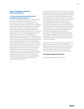 Report of Independent Registered
Public Accounting Firm
To: The Annual General Meeting of Shareholders'
and Supervisory Board of Aegon N.V.
In our opinion, the Company maintained, in all material respects,
effective internal control over financial reporting as of
December 31, 2015, based on criteria established in Internal
Control - Integrated Framework 2013 issued by the Committee of
Sponsoring Organizations of the Treadway Commission (COSO).
The Company's management is responsible for maintaining
effective internal control over financial reporting and for its
assessment of the effectiveness of internal control over financial
reporting, included in the accompanying Management's Annual
Report on Internal Control over Financial Reporting. Our
responsibility is to express an opinion on the Company's internal
control over financial reporting based on our audit. We conducted
our audit in accordance with the standards of the Public Company
Accounting Oversight Board (United States). Those standards
require that we plan and perform the audit to obtain reasonable
assurance about whether effective internal control over financial
reporting was maintained in all material respects. Our audit of
internal control over financial reporting included obtaining an
understanding of internal control over financial reporting,
assessing the risk that a material weakness exists, and testing
and evaluating the design and operating effectiveness of internal
control based on the assessed risk. Our audit also included
performing such other procedures as we considered necessary
in the circumstances. We believe that our audit provides
a reasonable basis for our opinion.
A company's internal control over financial reporting is a process
designed to provide reasonable assurance regarding the reliability
of financial reporting and the preparation of financial statements
for external purposes in accordance with generally accepted
accounting principles. A company's internal control over financial
reporting includes those policies and procedures that (i) pertain
to the maintenance of records that, in reasonable detail,
accurately and fairly reflect the transactions and dispositions
of the assets of the company; (ii) provide reasonable assurance
that transactions are recorded as necessary to permit preparation
of financial statements in accordance with generally accepted
accounting principles, and that receipts and expenditures of
the company are being made only in accordance with
authorizations of management and directors of the company;
and (iii) provide reasonable assurance regarding prevention or
timely detection of unauthorized acquisition, use, or disposition
of the company's assets that could have a material effect on
the financial statements.
Because of its inherent limitations, internal control over financial
reporting may not prevent or detect misstatements. Also,
projections of any evaluation of effectiveness to future periods
are subject to the risk that controls may become inadequate
because of changes in conditions, or that the degree of
compliance with the policies or procedures may deteriorate.
PricewaterhouseCoopers Accountants N.V.
Amsterdam, the Netherlands, March 25, 2016
123
CONTENTS
 